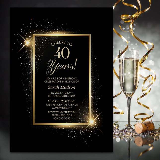 Cheers to 40 Years Black Gold Birthday Party Invitation (Creator Uploaded)