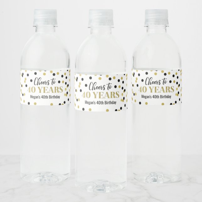 Cheers to 40 Years Black Gold Confetti Birthday Water Bottle Label (Bottles)