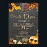 Cheers to 40 years fall rustic 40th birthday party invitation<br><div class="desc">Yellow gold and rusty orange autumn fall sunflowers, grapes, two red wine glasses, and a watercolor pumpkin over a dark brown barn wood background making an elegant cheers to 40 years birthday party invitation with a trendy handwriting gold typography script. Easy to personalise with your details! Suitable for traditional rustic...</div>