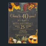 Cheers to 40 years fall rustic 40th birthday party invitation<br><div class="desc">Yellow gold and rusty orange autumn fall sunflowers, grapes, two red wine glasses, and a watercolor pumpkin over a dark brown barn wood background making an elegant cheers to 40 years birthday party invitation with a trendy handwriting gold typography script. Easy to personalise with your details! Suitable for traditional rustic...</div>
