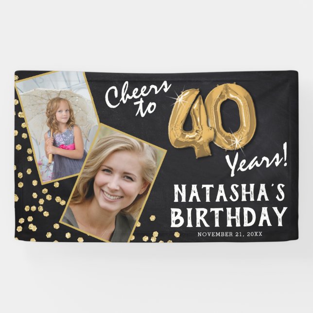 Cheers to 40 Years Gold Balloon 2 Photo Birthday Banner (Horizontal)