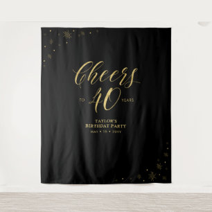 Cheers to 40 years   Gold & Black Birthday Party Tapestry