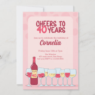 Cheers to 40 years kawaii wine birthday Invitation
