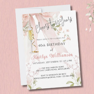 Cheers to 40 Years Pink Bow Floral  Invitation