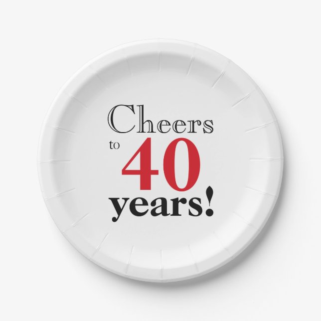 Cheers to 40 years retro cherry red black graphic paper plate (Front)