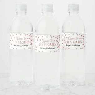 Cheers to 40 Years Rose Gold Confetti Birthday Water Bottle Label