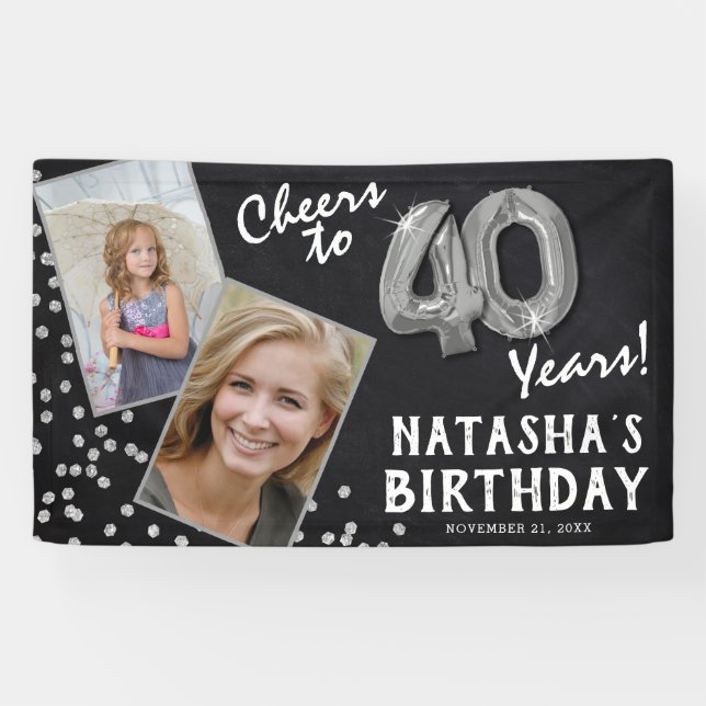 Cheers to 40 Years Silver Balloon 2 Photo Birthday Banner (Horizontal)