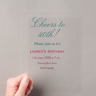 Cheers to 40th birthday name date mauve blue elega acrylic invitations