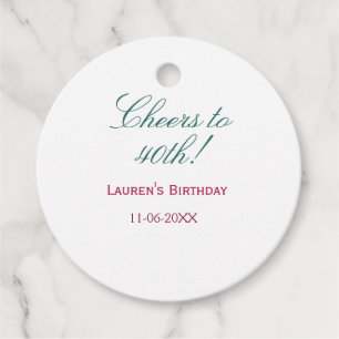 Cheers to 40th birthday name date mauve blue elega favour tags