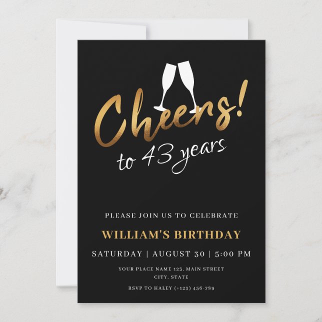 Cheers to 43 Years Gold Black Adult Birthday Photo Invitation (Front)