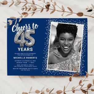 Cheers to 45 Years Navy Silver Photo Invitation