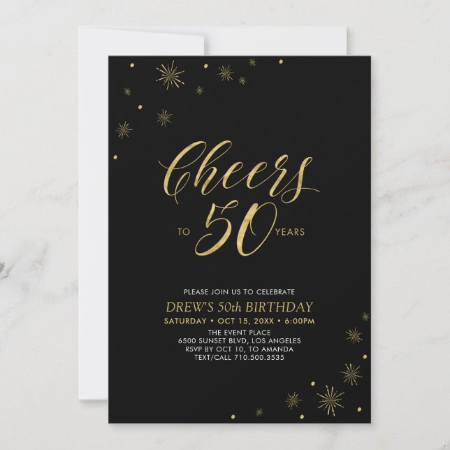 Cheers to 50 | Gold & Black 50th Birthday Party Invitation (Front)