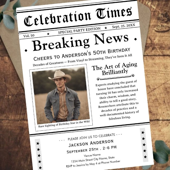 Cheers to 50! Newspaper Birthday  Invitation (Creator Uploaded)
