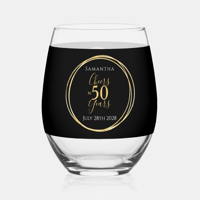 Cheers to 50 Years 50th Birthday Black Gold Party Stemless Wine Glass (Back)