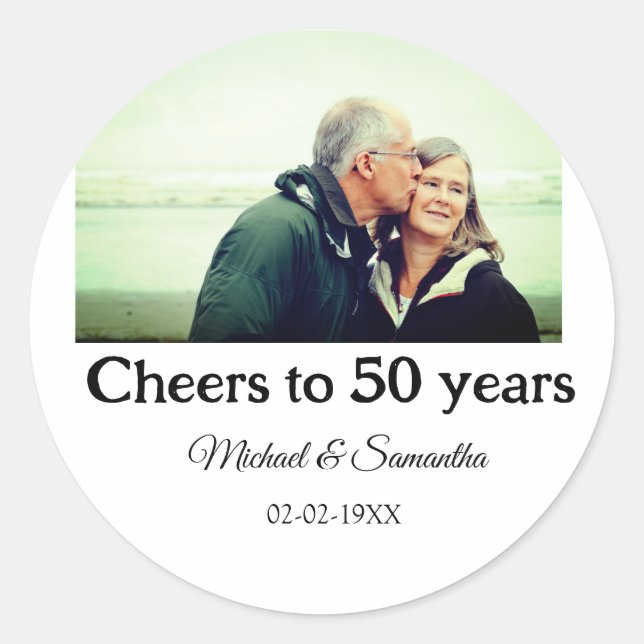 cheers to 50 years anniversary add name photo date classic round sticker (Front)