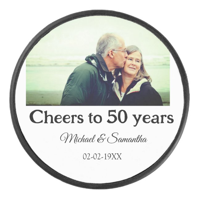 cheers to 50 years anniversary add name photo date hockey puck (Front)