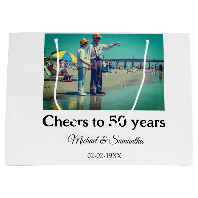 cheers to 50 years anniversary add name photo date large gift bag (Front)
