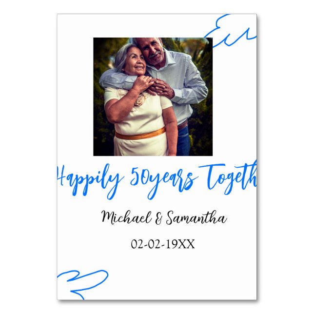 cheers to 50 years anniversary blue leaf photo nam table number (Front)