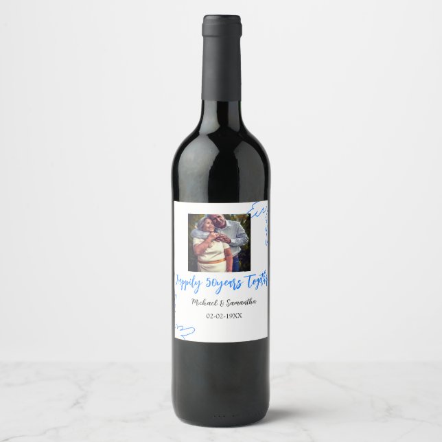 cheers to 50 years anniversary blue leaf photo nam wine label (Front)