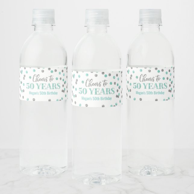 Cheers to 50 Years Aqua Silver Confetti Birthday Water Bottle Label (Bottles)