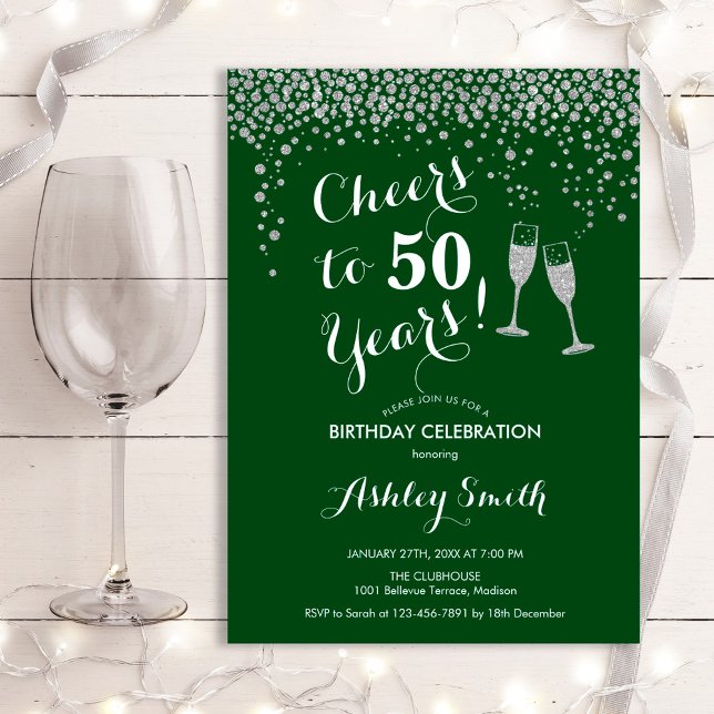 Cheers To 50 Years Birthday - Green Silver Invitation (Creator Uploaded)