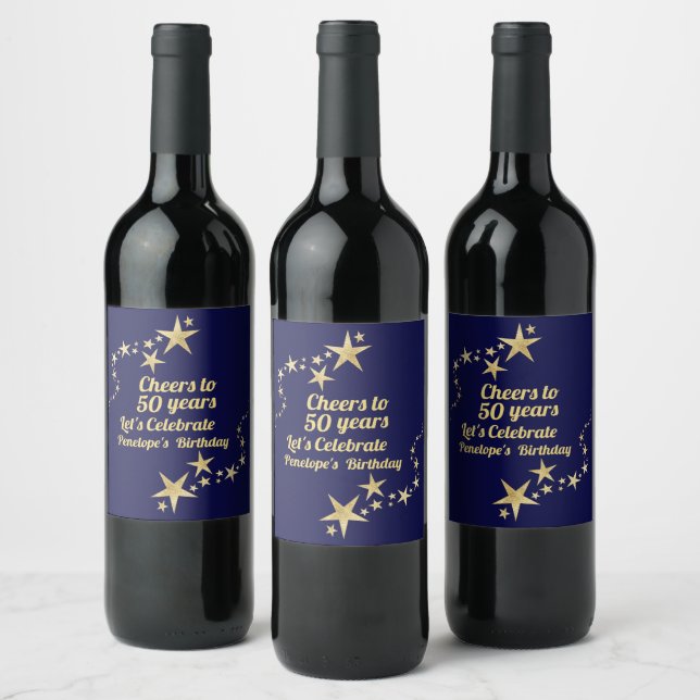 Cheers to 50 Years Birthday Navy and Gold Stars Wine Label (Bottles)