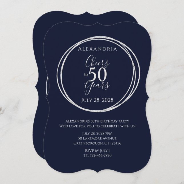 Cheers to 50 years birthday party navy silver invitation (Front/Back)