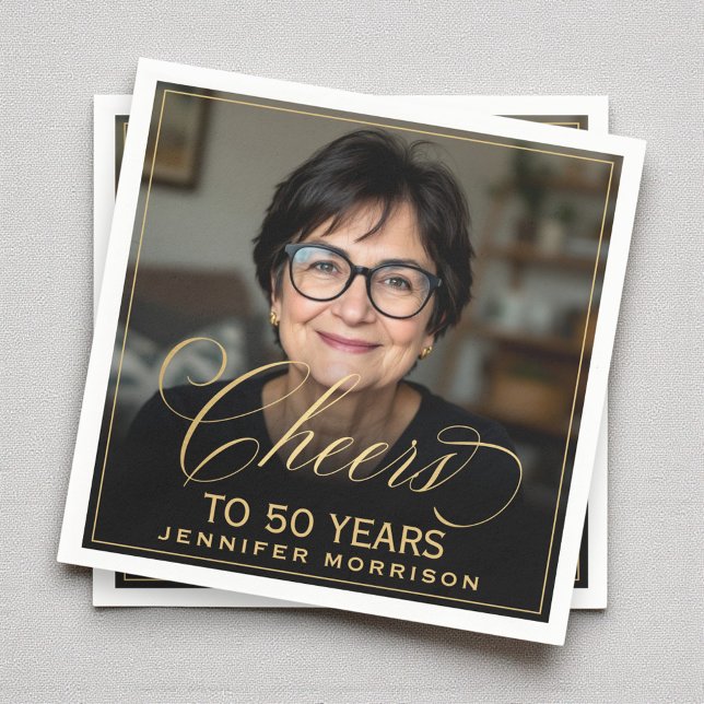 Cheers to 50 Years Birthday Photo Gold Black Napkin (Creator Uploaded)