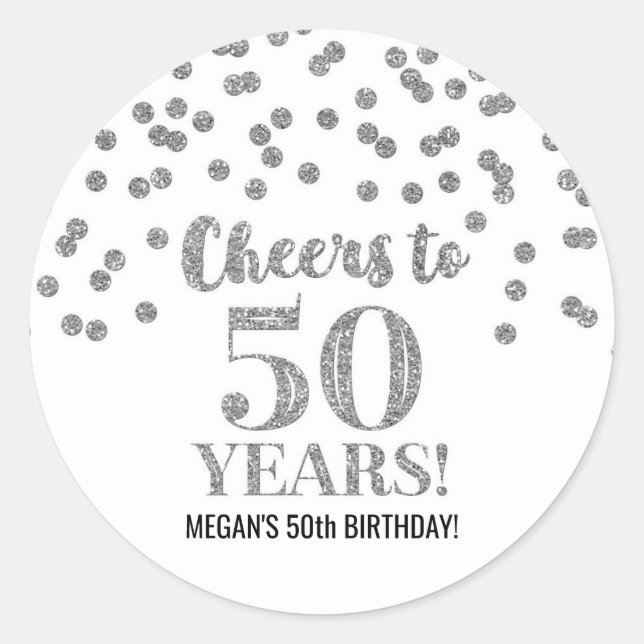 Cheers to 50 Years Birthday Silver Confetti Classic Round Sticker (Front)