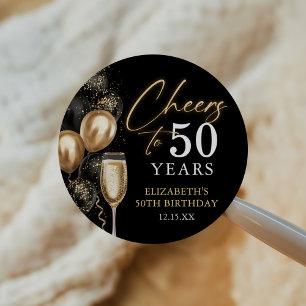 Cheers To 50 Years Black and Gold Balloons Classic Round Sticker