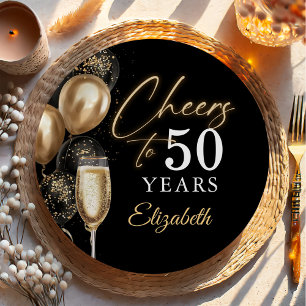 Cheers To 50 Years Black and Gold Balloons Paper Plate