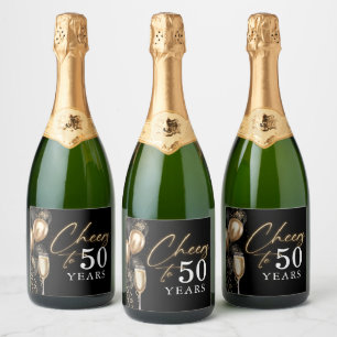 Cheers To 50 Years Black and Gold Balloons Sparkling Wine Label