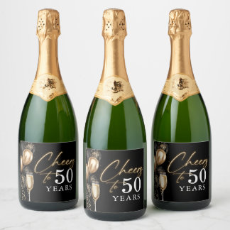Cheers To 50 Years Black and Gold Balloons Sparkling Wine Label