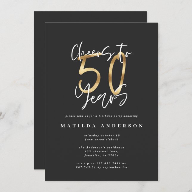 Cheers to 50 years black and gold modern stylish (Front/Back)