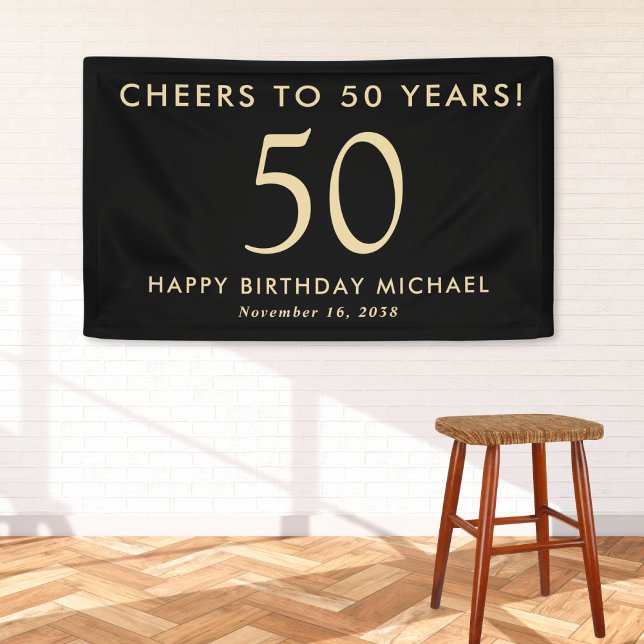Cheers To 50 Years Black Gold 50th Birthday Party Banner (Creator Uploaded)