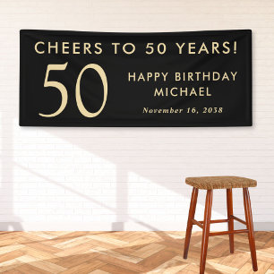 Cheers To 50 Years Black Gold 50th Birthday Party Banner