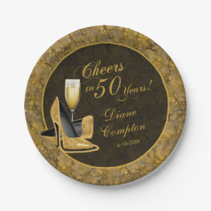 Cheers to 50 Years Black Gold Birthday Paper Plate