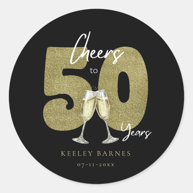 Cheers To 50 Years Black Gold Birthday Party Classic Round Sticker (Front)