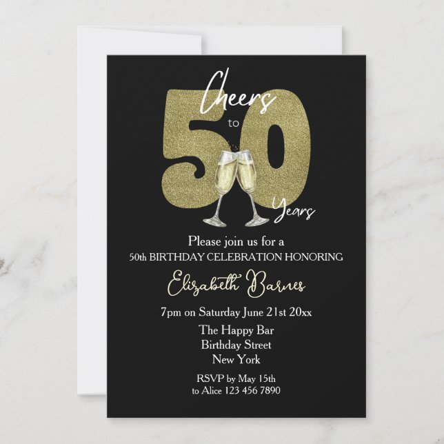 Cheers To 50 Years Black Gold Birthday Party Invitation (Front)