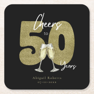 Cheers To 50 Years Black Gold  Square Paper Coaster