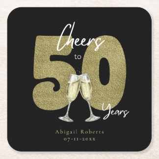 Cheers To 50 Years Black Gold  Square Paper Coaster