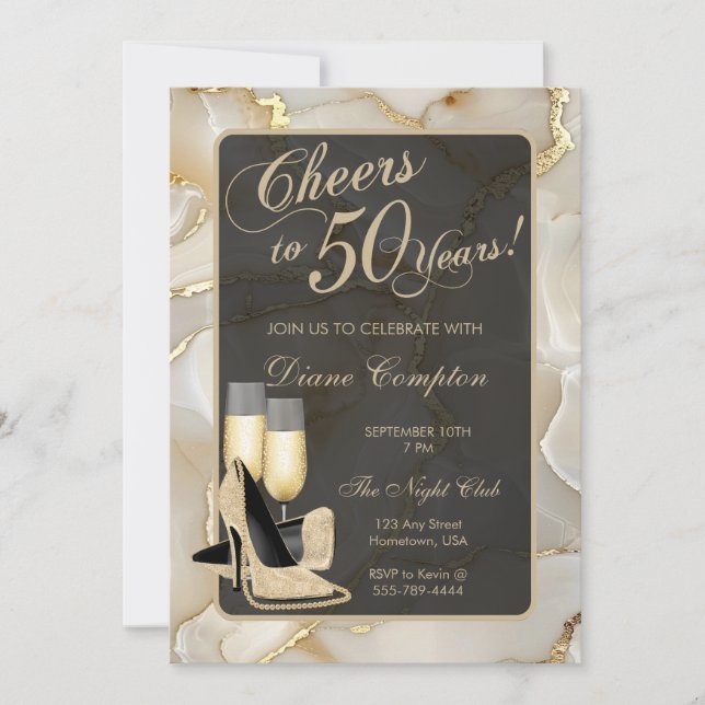 Cheers to 50 Years Champagne and Black Birthday Invitation (Front)