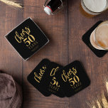 Cheers to 50 years custom birthday party favour square paper coaster<br><div class="desc">Modern gold bold typography script cheers to 50 years birthday party text personalised black drink coasters. Any age milestone birthday party supplies and thank you favours.</div>