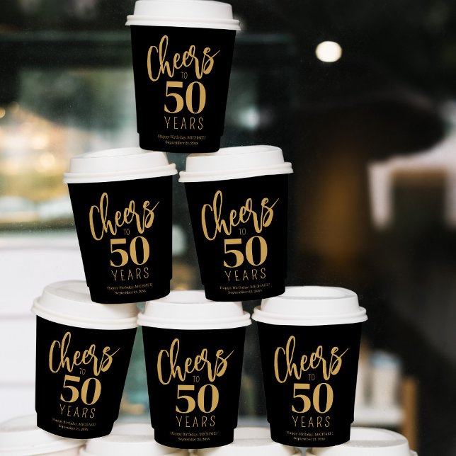 Cheers to 50 years custom gold black birthday  paper cups (Creator Uploaded)