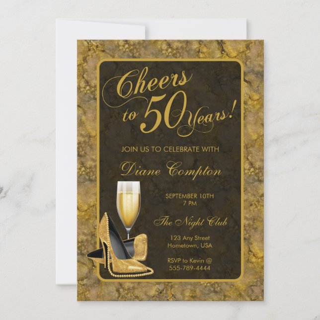 Cheers to 50 Years Gold Black Birthday Invitation (Front)