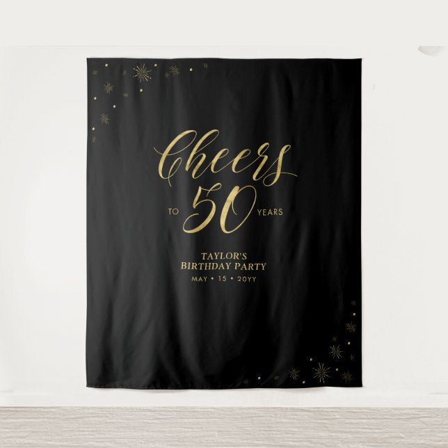 Cheers to 50 years | Gold & Black Birthday Party Tapestry (Front)