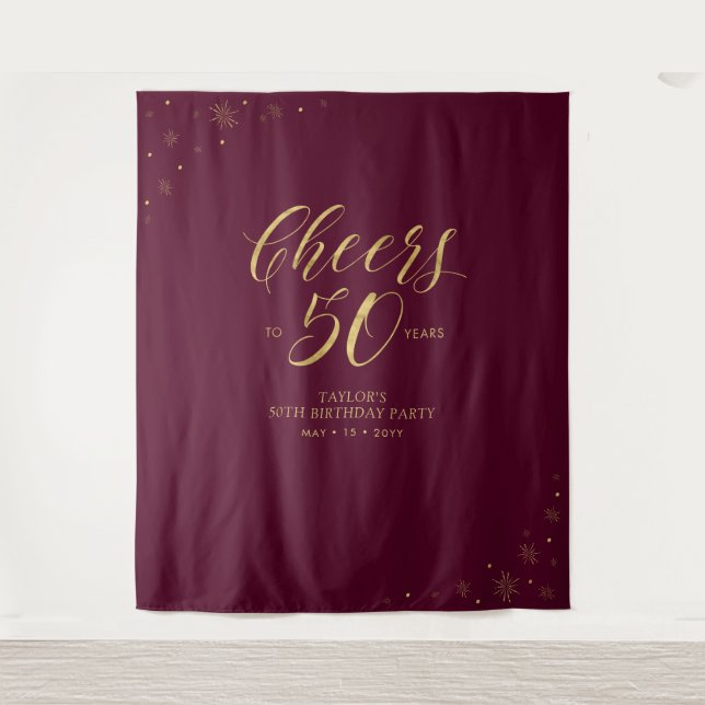Cheers to 50 years Gold & Burgundy Birthday Party Tapestry (Front)