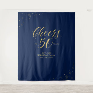 Cheers to 50 years Gold & Navy Birthday Party Tapestry