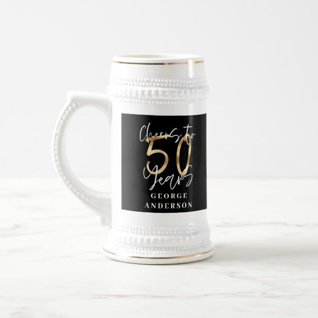 cheers to 50 years modern black and gold beer stein (Left)