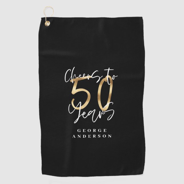 cheers to 50 years modern black and gold golf towel (Front)